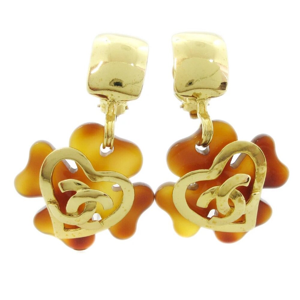 Chanel Clover Heart Dangle Earrings Clip-On Acrylic